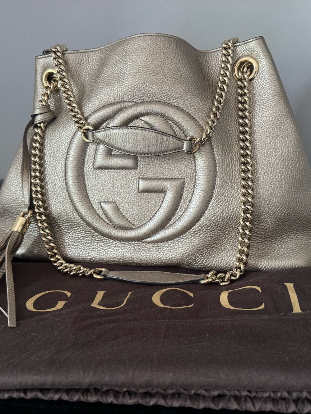 Gucci Metallic Taupe Soho Leather Chain Shoulder Bag
